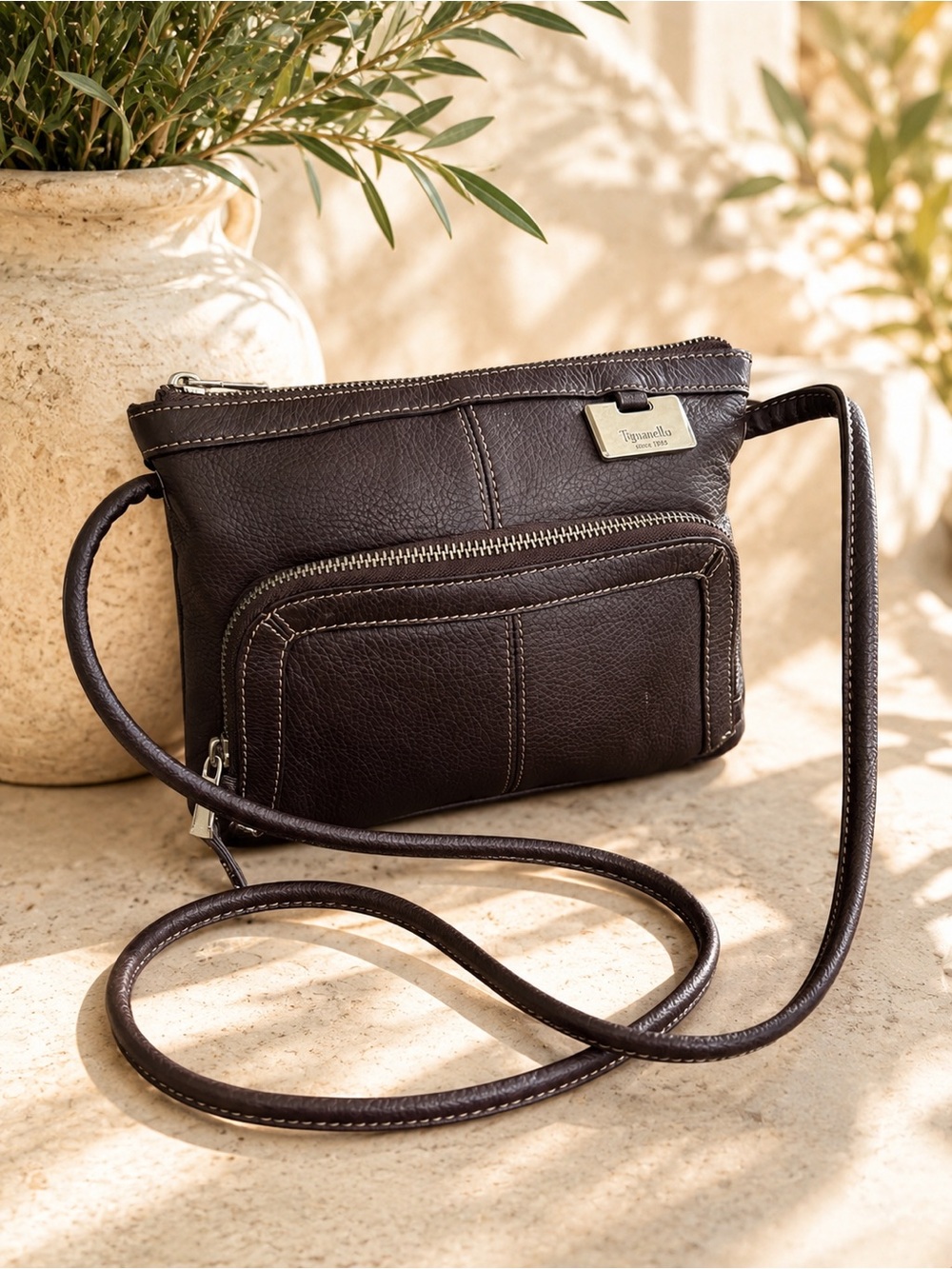 Tignanello Brown Genuine Leather Crossbody Bag Pebbled Leather Organizer Purse
